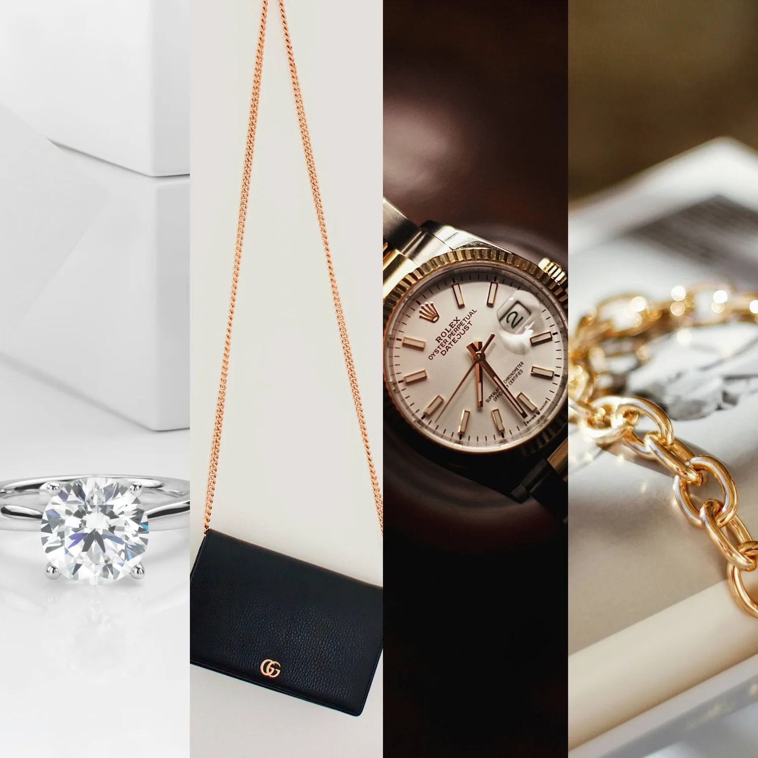 Diamond ring, designer handbag, luxury watch, and gold bracelet
